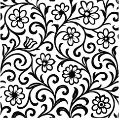 Minimalist Floral Seamless Pattern with Simple Daisy Vines and Swirling Foliage, Bold Black and White Hand-Drawn Design

