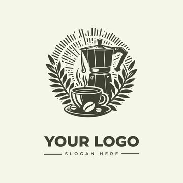 Vintage-style woodcut illustration of a coffee cup and pot with leaves, surrounded by sun rays, on a beige background, with space for a logo and slogan.