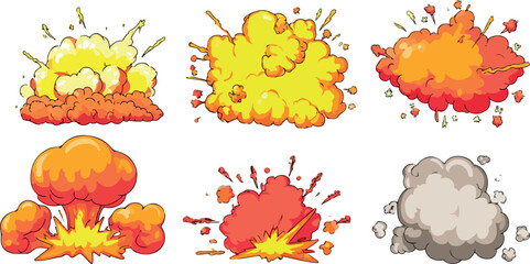 Six comic book style explosions with yellow orange and red clouds © miht3325
