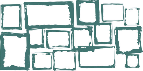 Teal brush stroke frames arranged in a collage borders