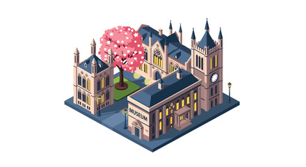 Charming isometric medieval landmark with museum and cherry blossoms