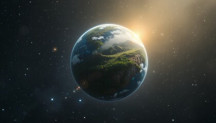 Naklejka premium Earth from space at sunrise, planet with starry backdrop