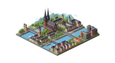 Obraz premium Isometric european cityscape with iconic cathedral and bridges in vibrant detail