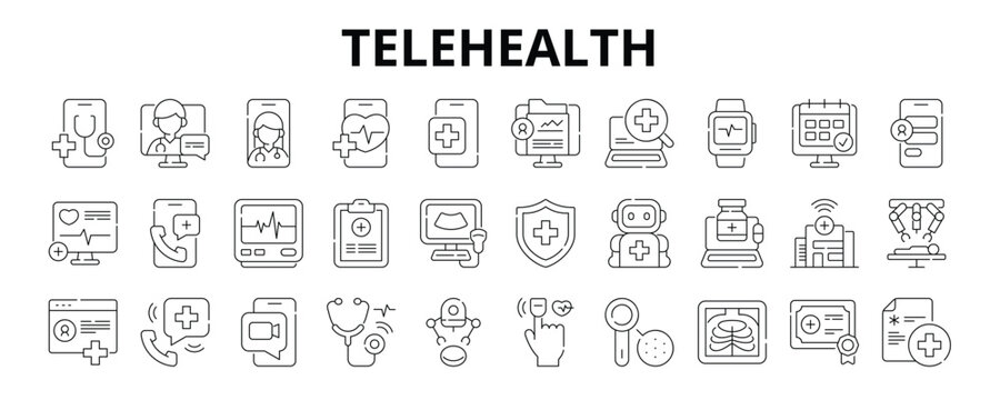 30 Telehealth Line Banner Web Icon Set Vector Illustration