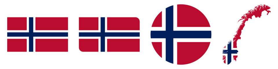 Obraz premium norway circular flag, norway rectangular flag, norway map flag flat icon