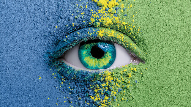 Creative Eye Close Up with Blue and Green Powder Makeup and Vibrant Iris