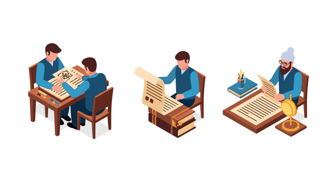 Isometric historical writing scenes with medieval scholars and scribes