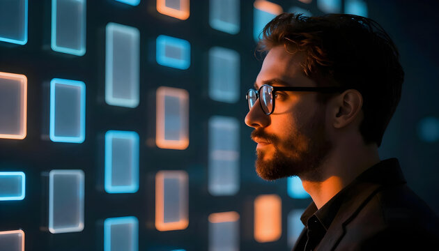 Man in glasses looking at glowing digital interface with abstract data visualization
