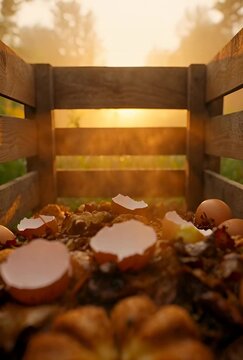 A detailed compost bin with decomposing food waste closeup, featuring rotting apple cores and eggshells with steam rising in warm sunlight.