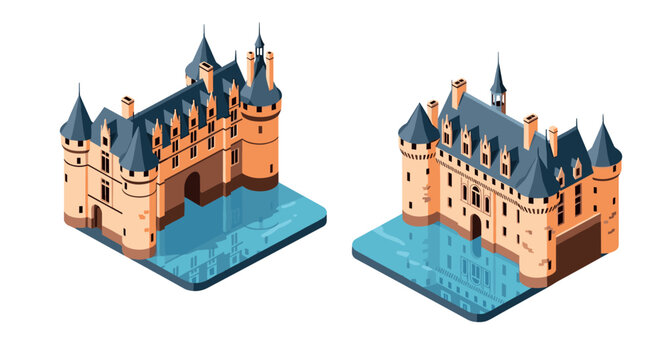 Isometric medieval castles with moats on white background