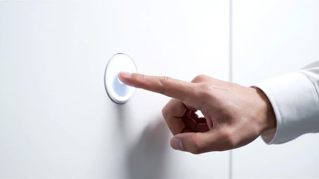 Hand Pressing Doorbell on White Wall.