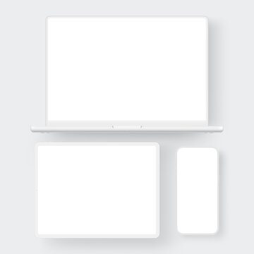 Clay laptop, tablet and smartphone mockup with blank screens. Vector template for responsive website design, mobile app presentation and digital interface showcase