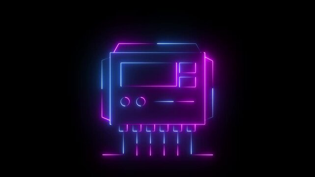 Neon glowing pink and blue color Solar charge controller icon animation. 4k motion graphics