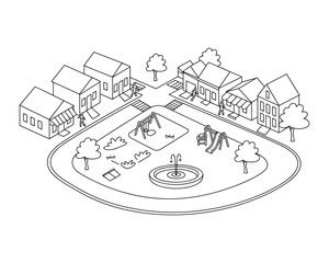 Naklejka premium Isometric drawing of a charming neighborhood street scene with houses and a playground