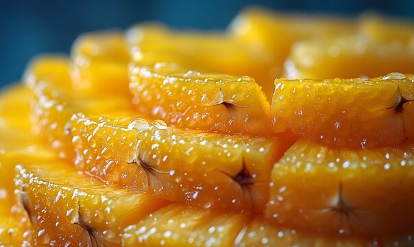 Close up shot of fresh pineapple slices covered in water droplets
