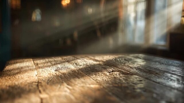 Sunlight rustic wood table texture warm cozy interior morning cafe atmosphere with soft focus warm glow and gentle dust particles floating vintage atmosphere near window blurred background empty space
