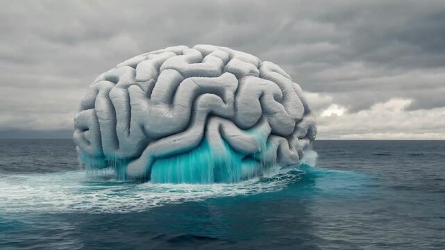 Surreal brain ocean seascape wave water splash storm cloud sky horizon fantasy landscape imagination creativity mental health metaphor art surrealism dramatic rough sea blue water