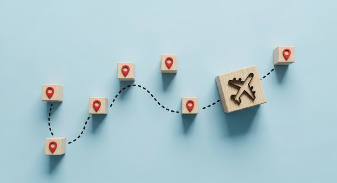 Travel route planning concept with wooden blocks and airplane icon