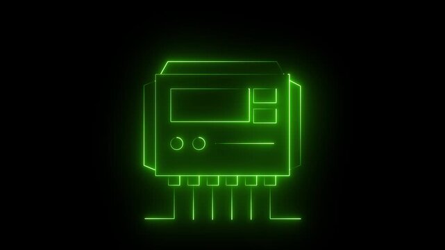 Neon glowing green color Solar charge controller icon animation. 4k motion graphics