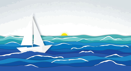 Naklejka premium Origami Sailboat on Wavy Ocean. Paper Art Style. Sunrise.