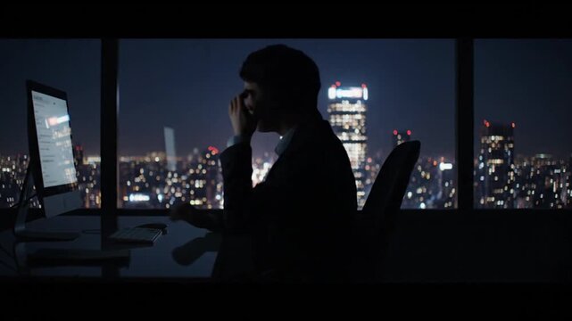 Man Working Late at Night in Office.