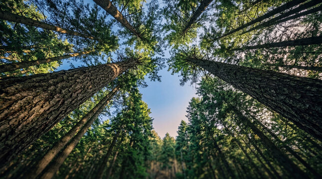 Majestic upward view into a dense evergreen forest with tall trees reaching for the clear blue sky above.