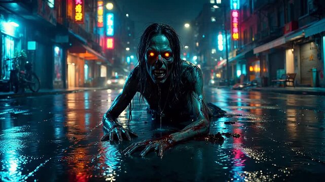 Zombie on wet city street at night