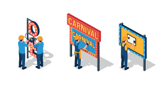 Vibrant carnival signs in isometric style with workers installing bright boards