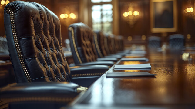Luxury leather chair in elegant boardroom with polished wooden table and notepads, warm lighting creating professional and inviting atmosphere for meetings