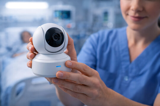 Nurse Holding Indoor Security Camera Device for Remote Patient Monitoring
