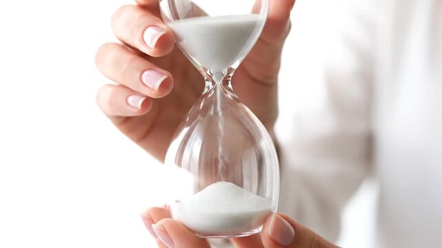 Person holding hourglass with sand flowing slowly.