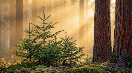 Fototapeta premium A beautiful natural photograph featuring young evergreen saplings bathed in golden morning light within a misty forest.
