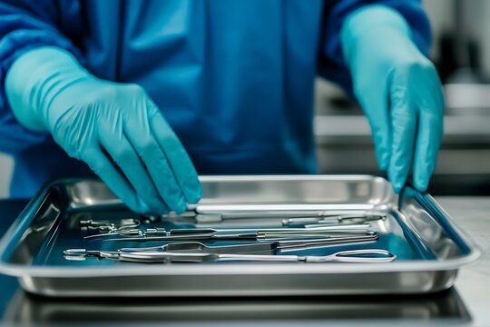 Medical professional arranging surgical instruments in a sterile environment