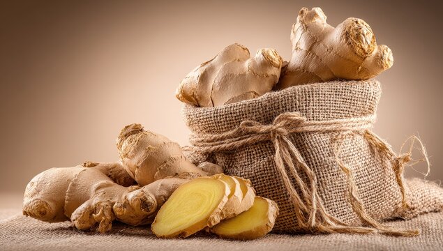 Fresh ginger root in a rustic jute bag, spices and herb concept