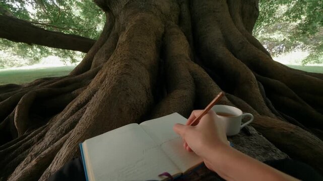 Sitting at the roots of a huge old tree, an open journal with a blank page in the shade, a hand with a pencil writing the first few words, concept of outdoor contemplation and writing