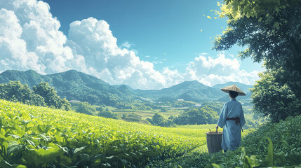 Fototapeta premium Japanese farmer in traditional dress walking through lush green field with basket under bright blue sky and fluffy clouds, surrounded by mountains and trees, peaceful rural landscape