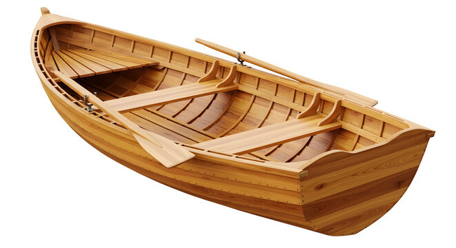 Traditional wooden boat with oars on transparent background