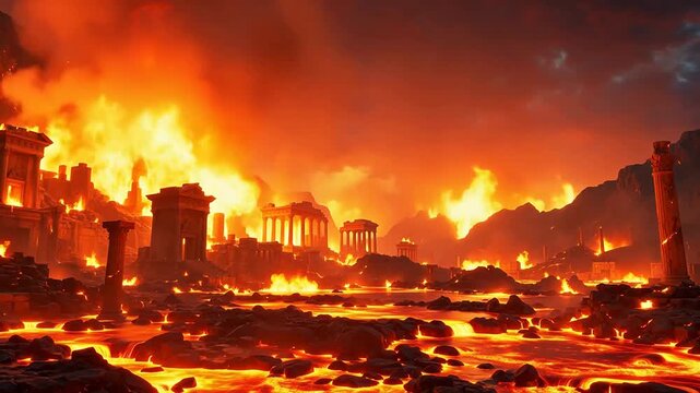 Burning ancient ruins with lava flow