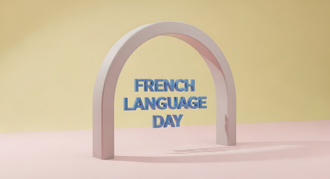 A colorful archway celebrating French Language Day on a pastel background