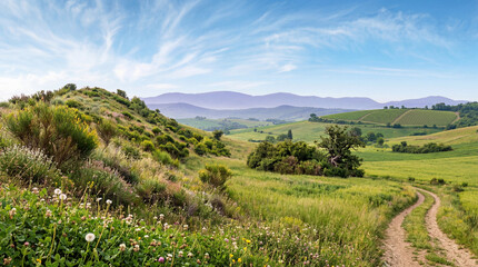 Naklejka premium Beautiful photograph of a vibrant green Tuscan landscape, with a winding dirt path and blooming wildflowers under.