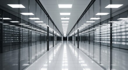 Long, symmetrical corridor featuring highly reflective floors and walls made of glass panels leading into the distance.
