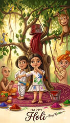 Fototapeta premium Cute cartoon style illustration of children playing with gulal and pichkari, celebrating Braj ki Holi with a monkey and birds in a traditional village setting.