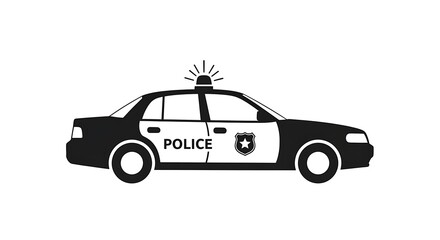 Obraz premium Black and white silhouette of a police sedan with a flashing light, 'POLICE' on the side, and a shield emblem