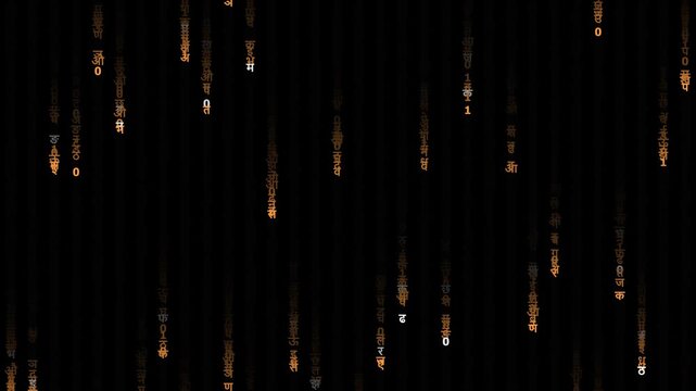 Orange Hindi Devanagari Matrix Digital Rain Code Background, Glowing Amber Indian Tech Data Stream Cyberpunk Concept, Abstract Orange Technology Indian Characters Cascade