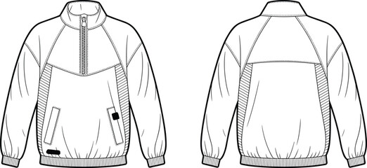 Sport Half Zip Windbreaker CAD Drawing Flat Vector Illustration, Front and Back Technical Fashion Template Athletic Jacket Design © VectoBloom