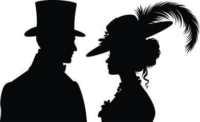 Victorian couple silhouette portrait, vintage man and woman profile illustration, historical fashion vector isolated design © VectoBloom