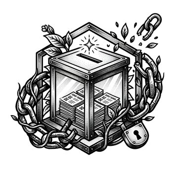 Conceptual black and white vector of a ballot box with an open padlock, symbolizing electoral transparency, unchained voting rights, and democratic freedom