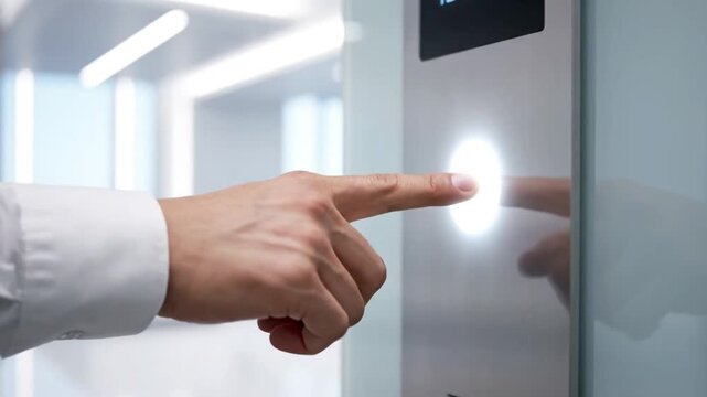 Person Pressing Modern Office Door Access Control Panel.