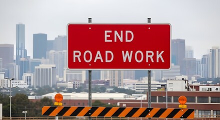 Red end road work sign with orange barriers and city skyline background red sign road construction striped barriers