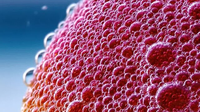 Close-up of numerous small red bubbles forming a textured surface